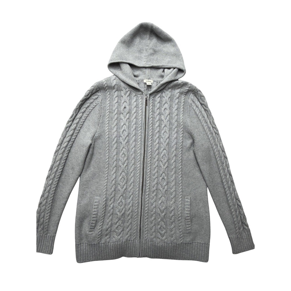 L.L. Bean Hooded Cardigan Sweater Womens XL Gray 100% Cotton Cable Knit Full Zip